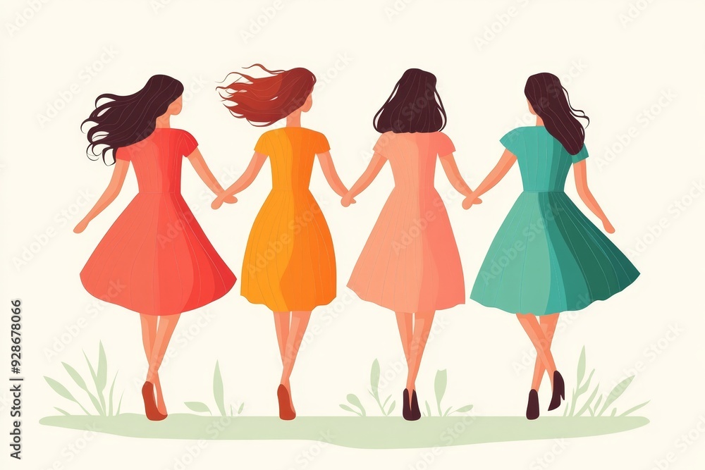 Women can do it. Four female characters walk up together and hold arms. Girls support each other. Friendship poster, the union of feminists and sisterhood. AI Women can do it. Four female characters walk up together and hold arms. Girls support each other. Friendship poster, the union of feminists and sisterhood. AI
