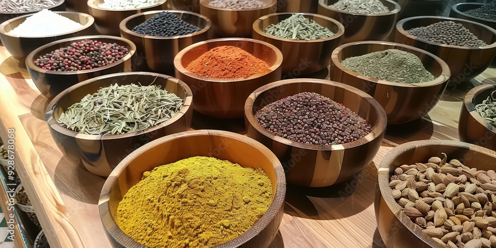A vibrant display of various spices in wooden bowls, showcasing rich colors and textures perfect for culinary inspiration.