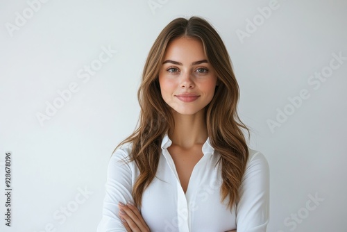 Perfect business lady. Beautiful young businesswoman looking at camera with smile while standing against white background, Generative AI