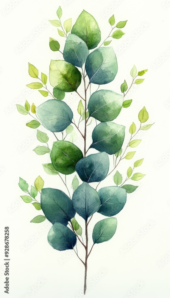 Obraz premium Elegant watercolor of a green leaf branch, showcasing vibrant shades and delicate details, perfect for nature-themed designs.