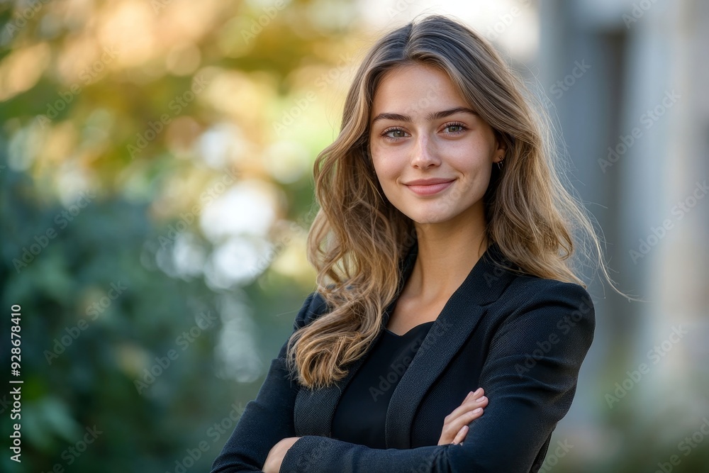 Young happy pretty smiling professional business woman, happy confident positive female entrepreneur standing outdoor on street arms crossed, looking at camera, Generative AI Young happy pretty smiling professional business woman, happy confident positive female entrepreneur standing outdoor on street arms crossed, looking at camera, Generative AI