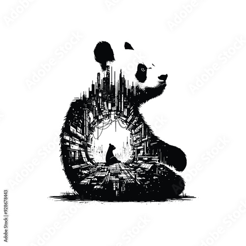 silhouette of panda posefilled with destroyed futuristic dystopia environment in rough drawing,