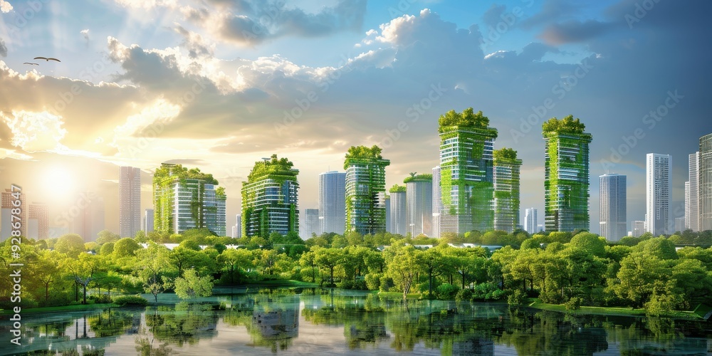 Fototapeta premium A vibrant urban landscape showcasing eco-friendly skyscrapers surrounded by lush greenery under a bright sky.