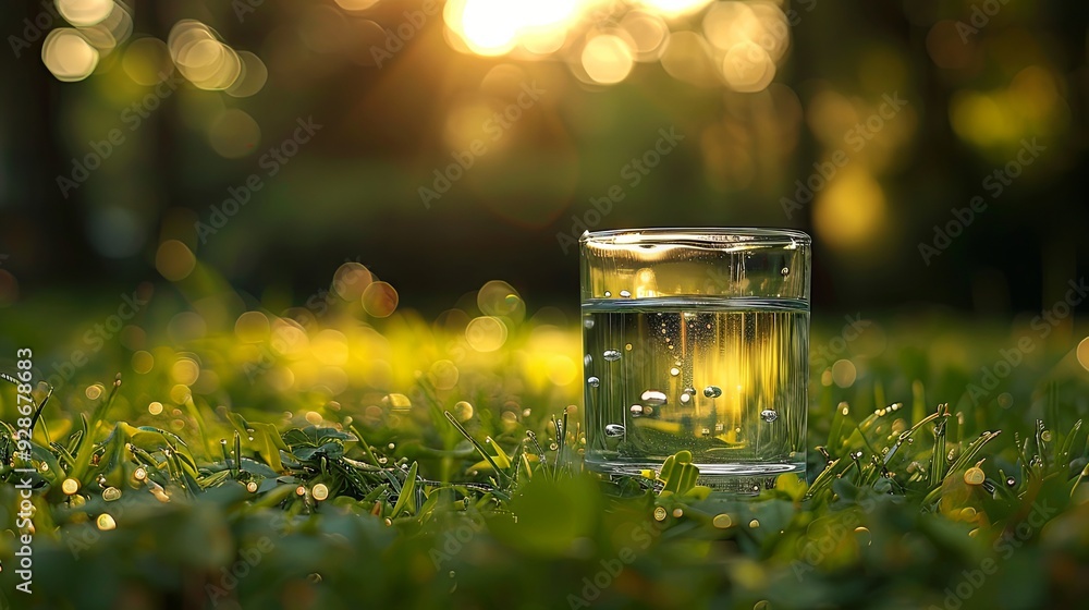 Glass of water in nature, lawn environment Glass of water in nature, lawn environment