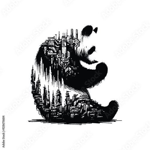 silhouette of panda posefilled with destroyed futuristic dystopia environment in rough drawing,