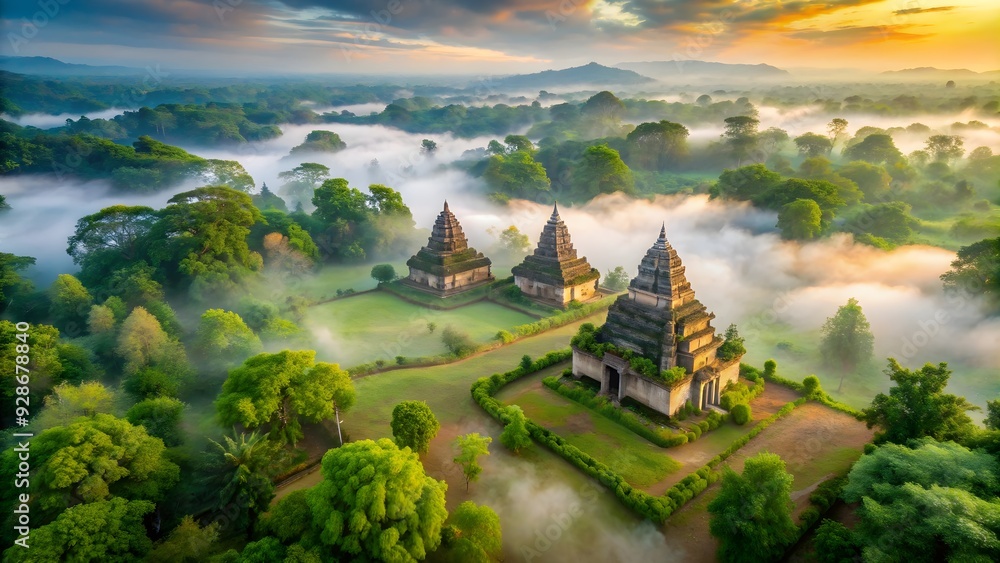 Aerial view of ancient temples and lush greenery enveloped in morning mist Aerial view of ancient temples and lush greenery enveloped in morning mist