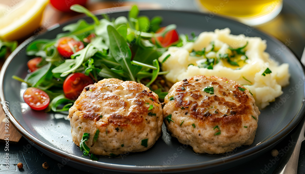 Turkey patties served with mashed potato and fresh salad Turkey patties served with mashed potato and fresh salad