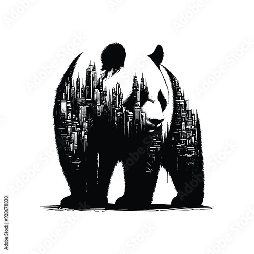 silhouette of panda posefilled with destroyed futuristic dystopia environment in rough drawing,