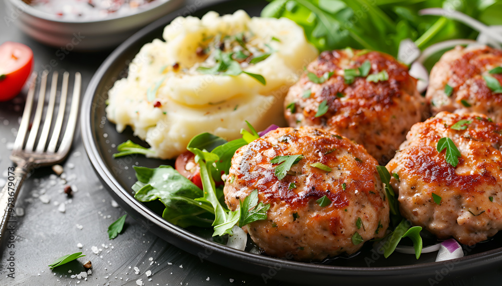 Turkey patties served with mashed potato and fresh salad Turkey patties served with mashed potato and fresh salad