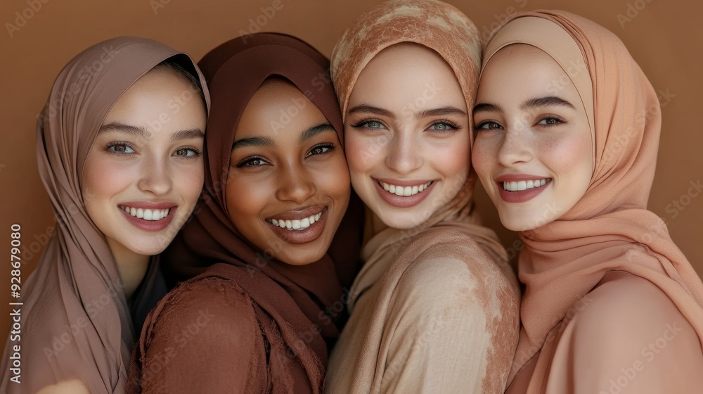 Skincare, diversity and women hug portrait for inclusivity, happiness and healthy skin texture. Interracial beauty and model group with woman in hijab, Generative AI Skincare, diversity and women hug portrait for inclusivity, happiness and healthy skin texture. Interracial beauty and model group with woman in hijab, Generative AI