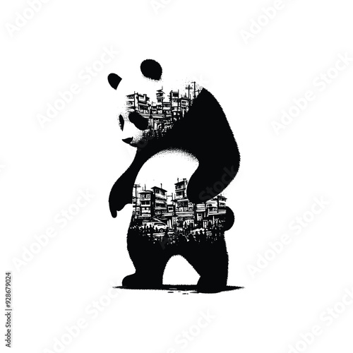 silhouette of panda posefilled with ghetto street in rough drawing,