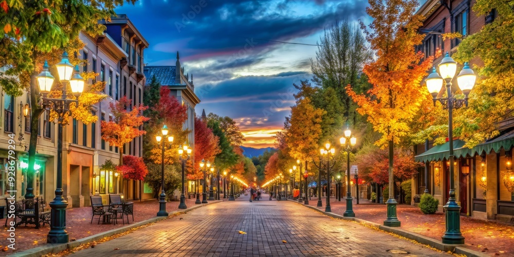 Obraz premium Autumnal Street Scene with Illuminated Lamp Posts, Brick Road, and Vibrant Foliage, fall foliage, street lights, brick road, autumn cityscape