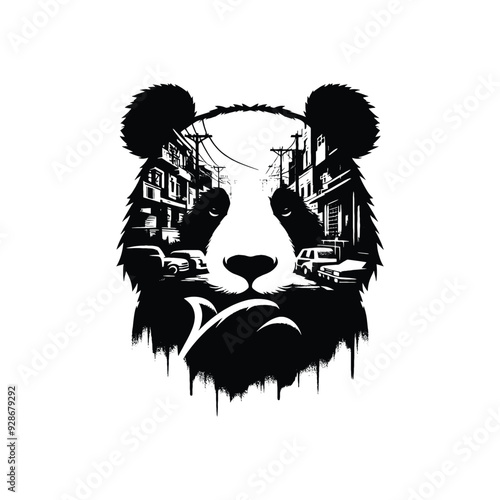 silhouette of panda filled with ghetto street in rough drawing,
