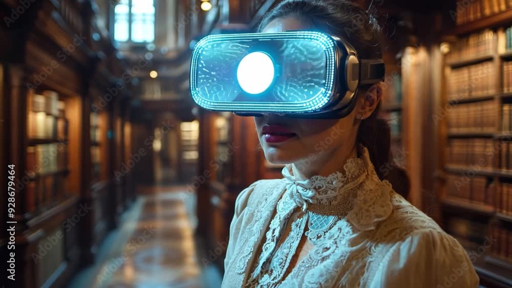 A woman wearing a virtual reality headset immerses herself in digital experiences inside a grand, historic library. A woman wearing a virtual reality headset immerses herself in digital experiences inside a grand, historic library.