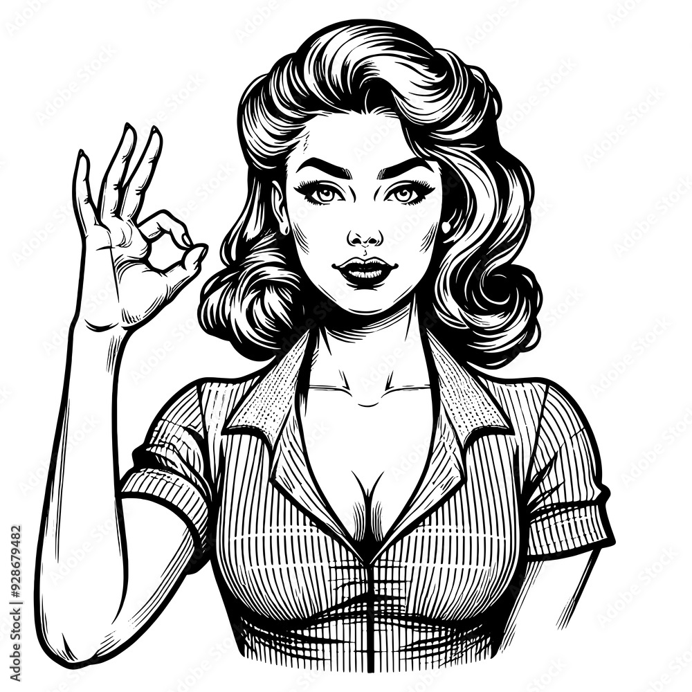 confident woman making an OK hand gesture, classic retro themes with a stylish, sketch engraving generative ai fictional character PNG illustration. Scratch board imitation. Black and white image. confident woman making an OK hand gesture, classic retro themes with a stylish, sketch engraving generative ai fictional character PNG illustration. Scratch board imitation. Black and white image.