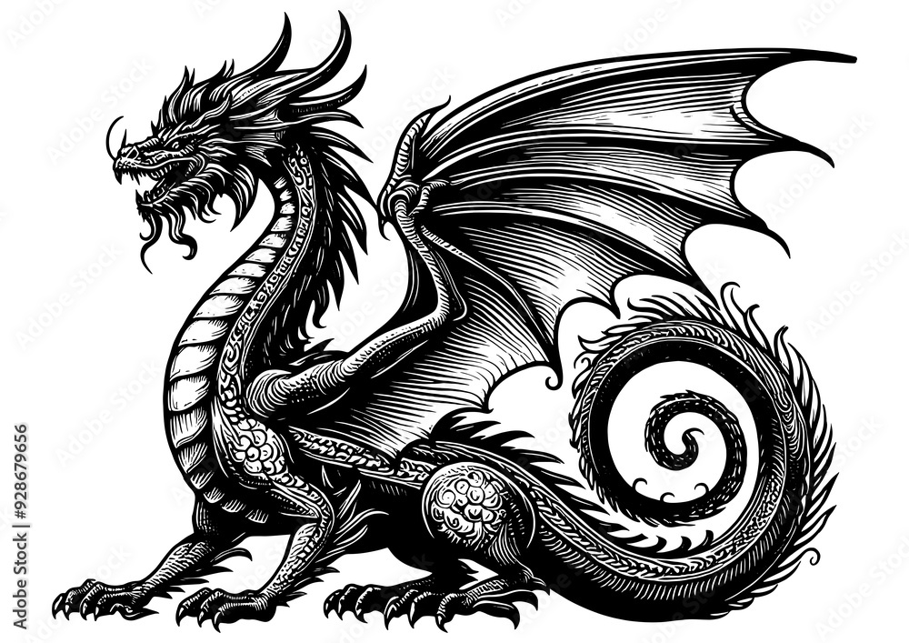 Fototapeta premium fierce dragon tattoo with detailed scales and wings, intricate line art sketch engraving generative ai fictional character PNG illustration. Scratch board imitation. Black and white image.