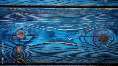 Photorealistic close-up image of a detailed blue painted wooden board with cracks and fibers, generated by AI photo