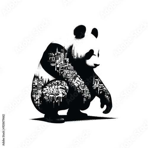 silhouette of panda posefilled with graffiti street wall in rough drawing,