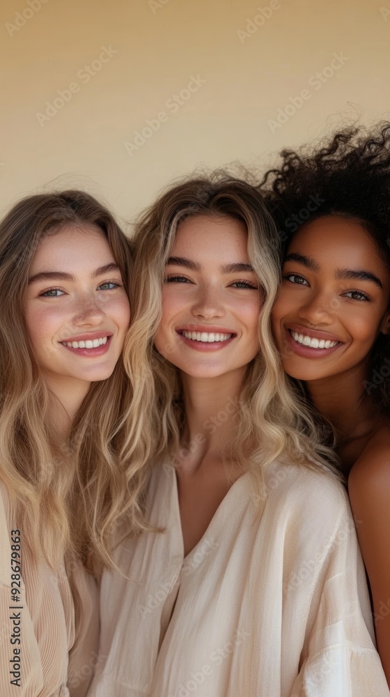 Obraz premium Diversity, beauty and natural with woman friends in studio on a beige background to promote skincare. Portrait, face and smile with a happy female and, Generative AI