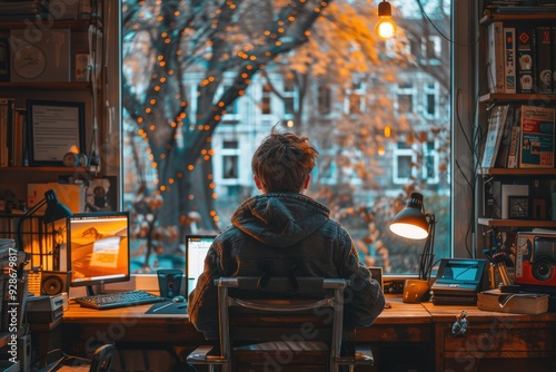 An individual sitting at a desk with dual monitors, focusing on work in a cozy room adorned with string lights and autumn scenery visible through the window, creating a warm work environment. photo