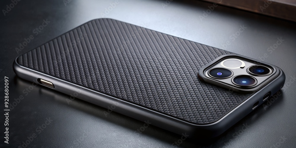 Black Smartphone with Textured Case and Triple Camera System, Phone Case, Smartphone Design, Camera Technology, Photography