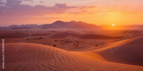 Breathtaking desert landscape at sunset, featuring golden dunes and a colorful sky. Ideal for travel and nature themes. photo