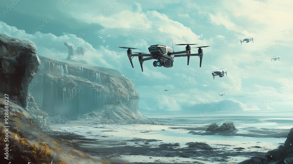 Fototapeta premium Futuristic drone flying over a desolate, rocky landscape.