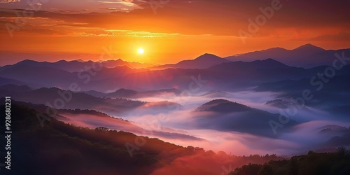 Breathtaking sunset over misty mountains creates a serene and peaceful landscape, perfect for relaxation and nature appreciation.