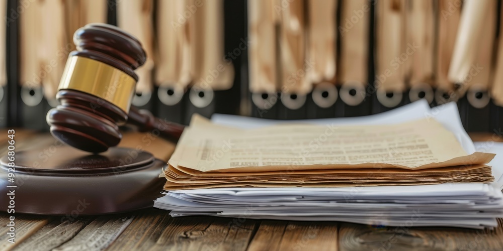Close-up of a judge's gavel next to stacks of legal papers on a wooden table, symbolizing justice and legal proceedings. Close-up of a judge's gavel next to stacks of legal papers on a wooden table, symbolizing justice and legal proceedings.