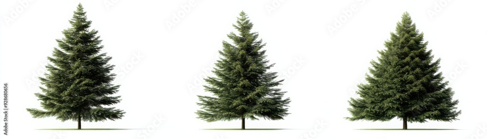 Three evergreen trees standing tall on a white background, showcasing their lush green foliage. Three evergreen trees standing tall on a white background, showcasing their lush green foliage.