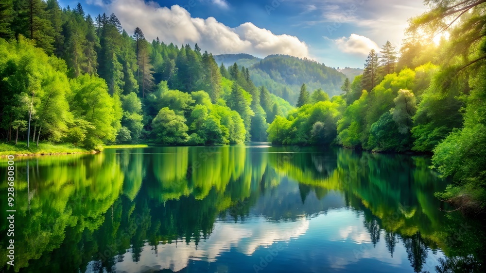 Green view of lush forest overlooking a calm lake, nature, scenery, landscape, tranquil, greenery, trees, plants, foliage