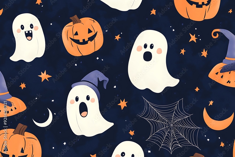 Happy halloween seamless pattern background with flying ghosts and scary pumpkins. Abstract illustration. Happy halloween seamless pattern background with flying ghosts and scary pumpkins. Abstract illustration.