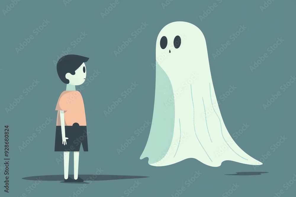 Human and ghost, friendly encounter, flat design illustration Human and ghost, friendly encounter, flat design illustration