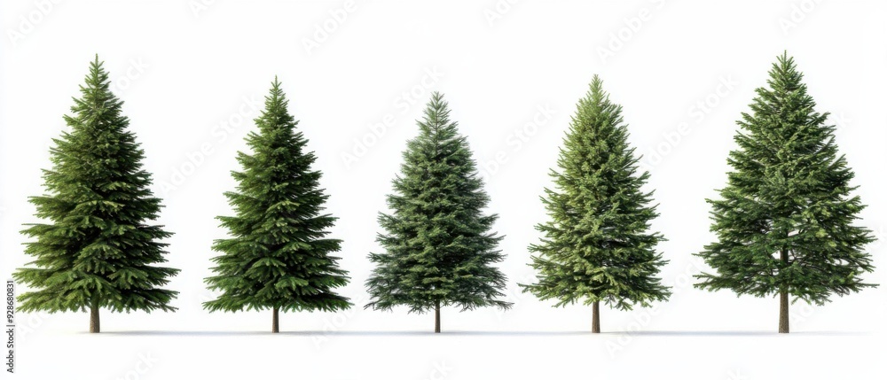 A row of five green evergreen trees standing tall in an isolated, bright environment. A row of five green evergreen trees standing tall in an isolated, bright environment.