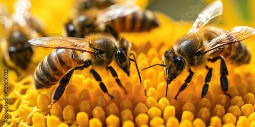 Close-up of bees pollinating a vibrant sunflower, showcasing the beauty of nature's essential pollinators in action. photo