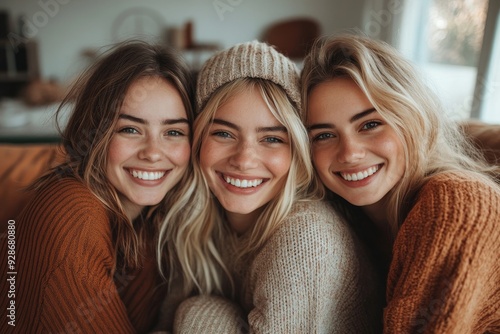 Three happy friends hugging smiling.Funny women together celebrating sitting on the living room sofa, Generative AI