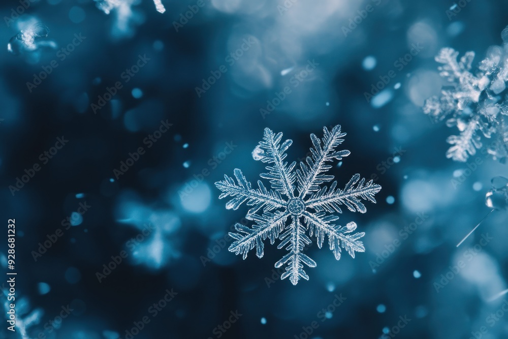Close-up of a Delicate Snowflake with a Blue Background and Bokeh Close-up of a Delicate Snowflake with a Blue Background and Bokeh