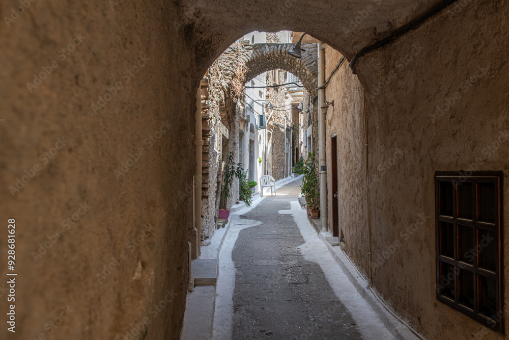 The old village of Mesta is one of the main Mastihochoria villages in Chios, Greece.Chios stone houses, streets.