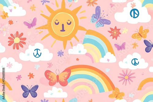 Groovy cartoon seamless pattern. Funny happy Earth, Peace, Love, rainbow, heart, flower, daisy. 