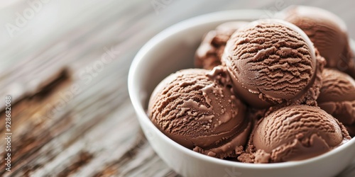 Delicious chocolate ice cream scoops in a white bowl, perfect for a sweet treat or dessert presentation.