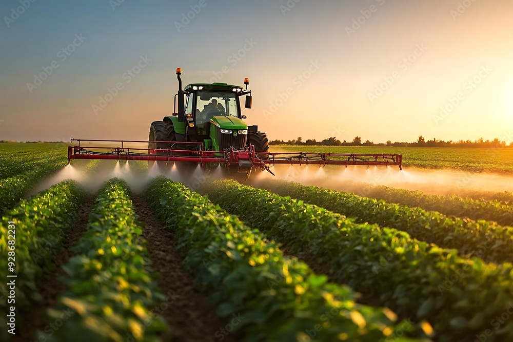 Fototapeta premium Tractor spraying pesticides on soybean field with sprayer at spring