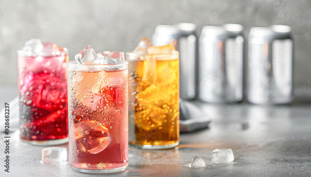 Tasty energy drink with ice cubes in glasses and aluminium cans on grey table, closeup Tasty energy drink with ice cubes in glasses and aluminium cans on grey table, closeup