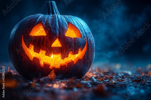 Wallpaper Mural A carved pumpkin with a lit candle inside sits on a bed of leaves in a foggy, dark forest. Torontodigital.ca