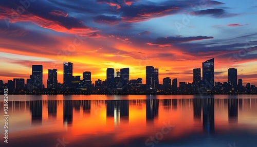 The gorgeous sunset reflects on the outline of the city's buildings, showing tranquility and beauty.