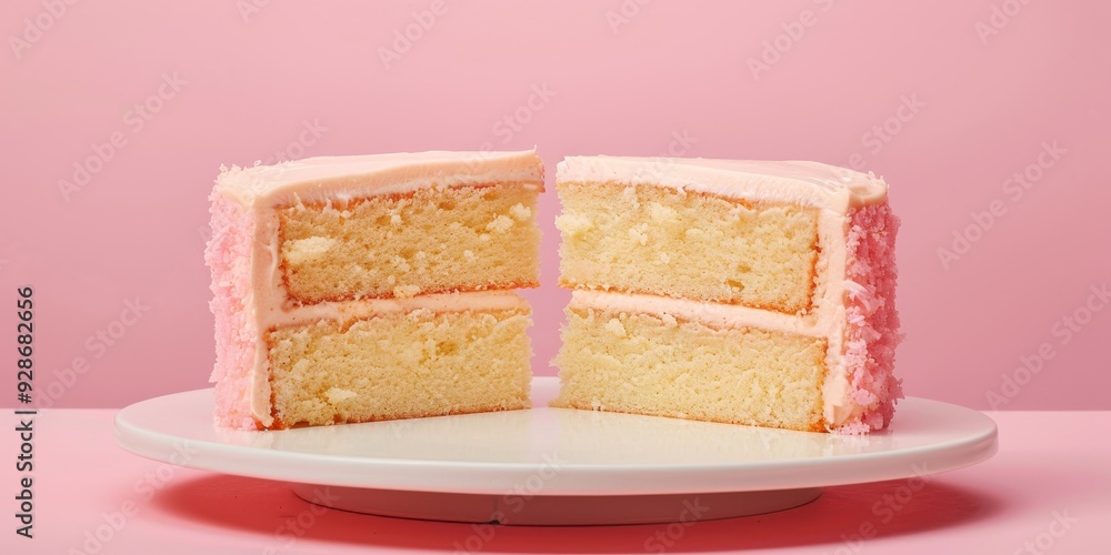Delicious layers of vanilla cake with pink frosting, perfectly cut to showcase the soft interior. Ideal for sweet celebrations. Delicious layers of vanilla cake with pink frosting, perfectly cut to showcase the soft interior. Ideal for sweet celebrations.
