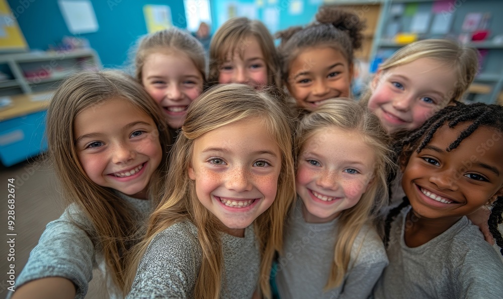Class selfie in an elementary school. Kids taking a picture together in a co-ed school, Generative AI Class selfie in an elementary school. Kids taking a picture together in a co-ed school, Generative AI