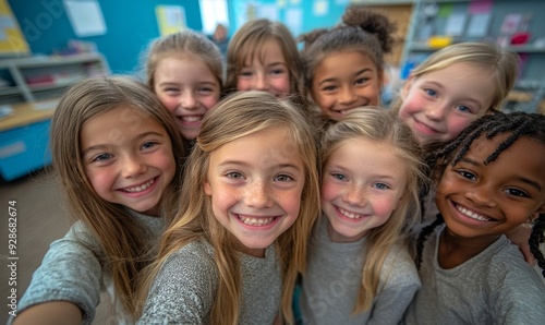 Class selfie in an elementary school. Kids taking a picture together in a co-ed school, Generative AI