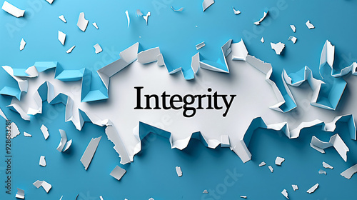 Ripped paper background with the word integrity, hinting at concealed virtue and honesty photo