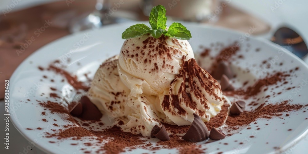 Delicious vanilla ice cream topped with cocoa powder and chocolate morsels, garnished with fresh mint leaves on a white plate. Delicious vanilla ice cream topped with cocoa powder and chocolate morsels, garnished with fresh mint leaves on a white plate.