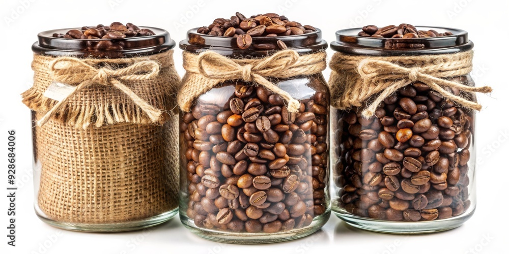 Coffee Bean Jars with Burlap Wrap, Glass Jars, Brown Beans, Coffee Concept, burlap, coffee, beans Coffee Bean Jars with Burlap Wrap, Glass Jars, Brown Beans, Coffee Concept, burlap, coffee, beans